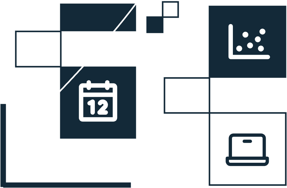 Hero image with calendar, scatterplot and laptop graphics